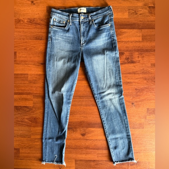 AGOLDE Denim Sophie High Rise Cropped Jeans Size 27 Fray Raw‎ Cut Off Hem Blue - Picture 1 of 7